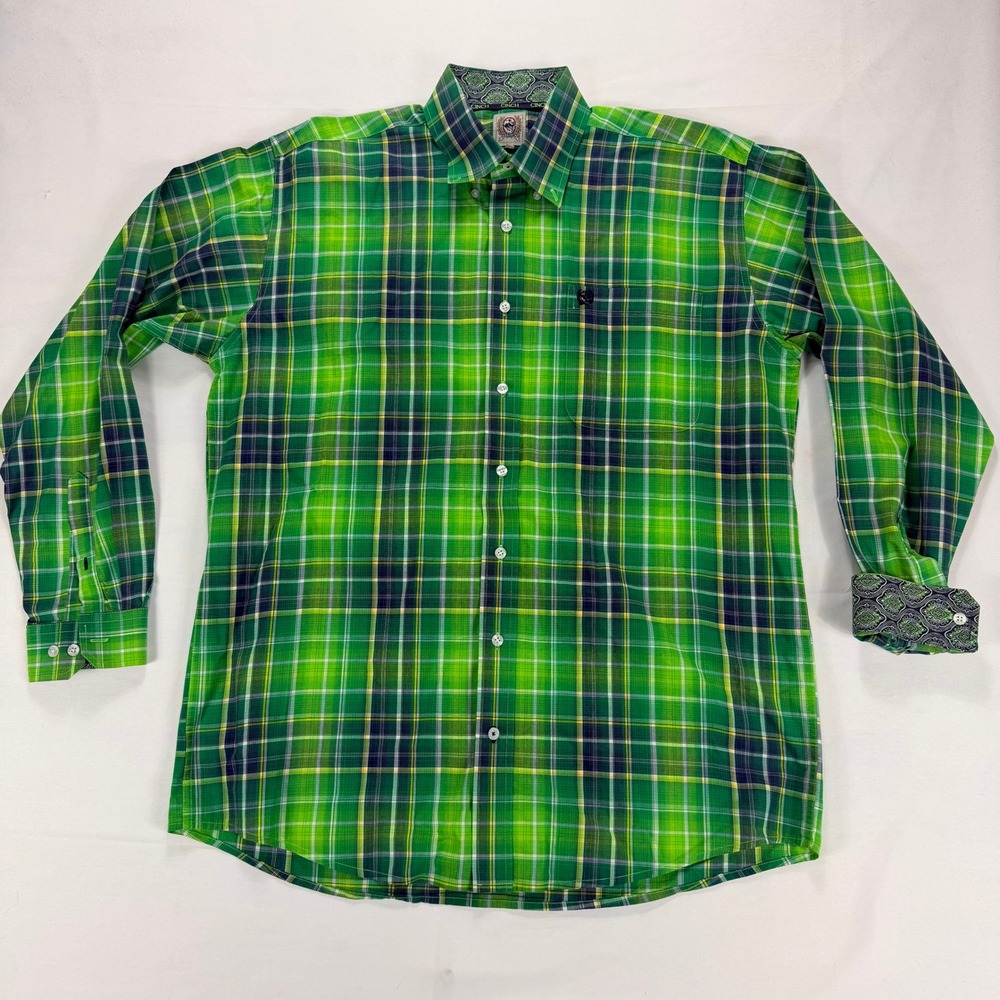 Cinch Plaid Button‎ Up Shirt Green Western Long Sleeve Cotton Medium See Measure